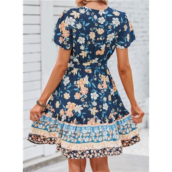 Women's Summer Wrap V-Neck Bohemian Floral Mini Dress – Ruffle Swing A-Line - Picture 3 of 7
